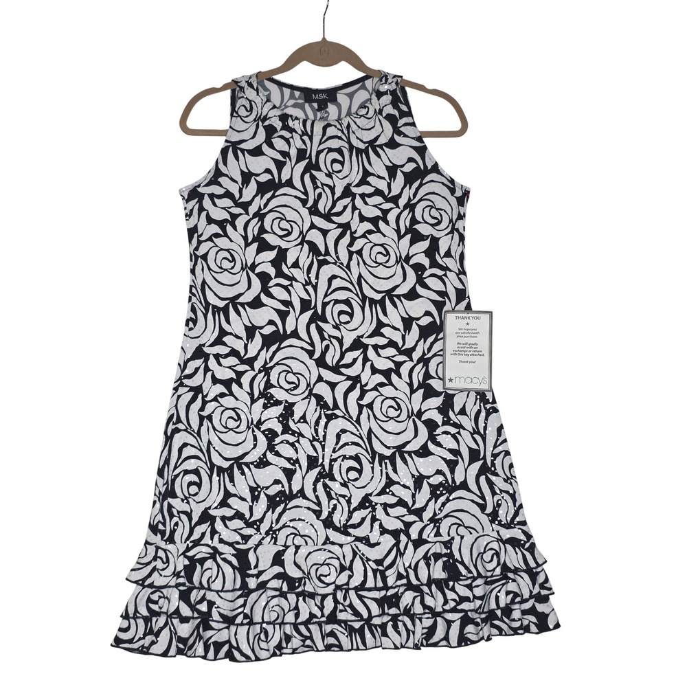 MSK Vintage W's Black White Floral Rose Sequin Ruffle Hem Shift Dress Small NEW